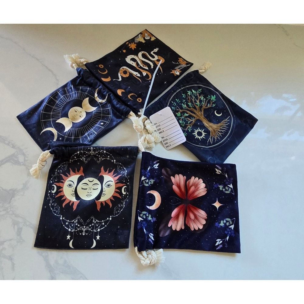 5pc Celestial Tarot Card Drawstring Bags Moon Phase Snake Butterfly Pouches